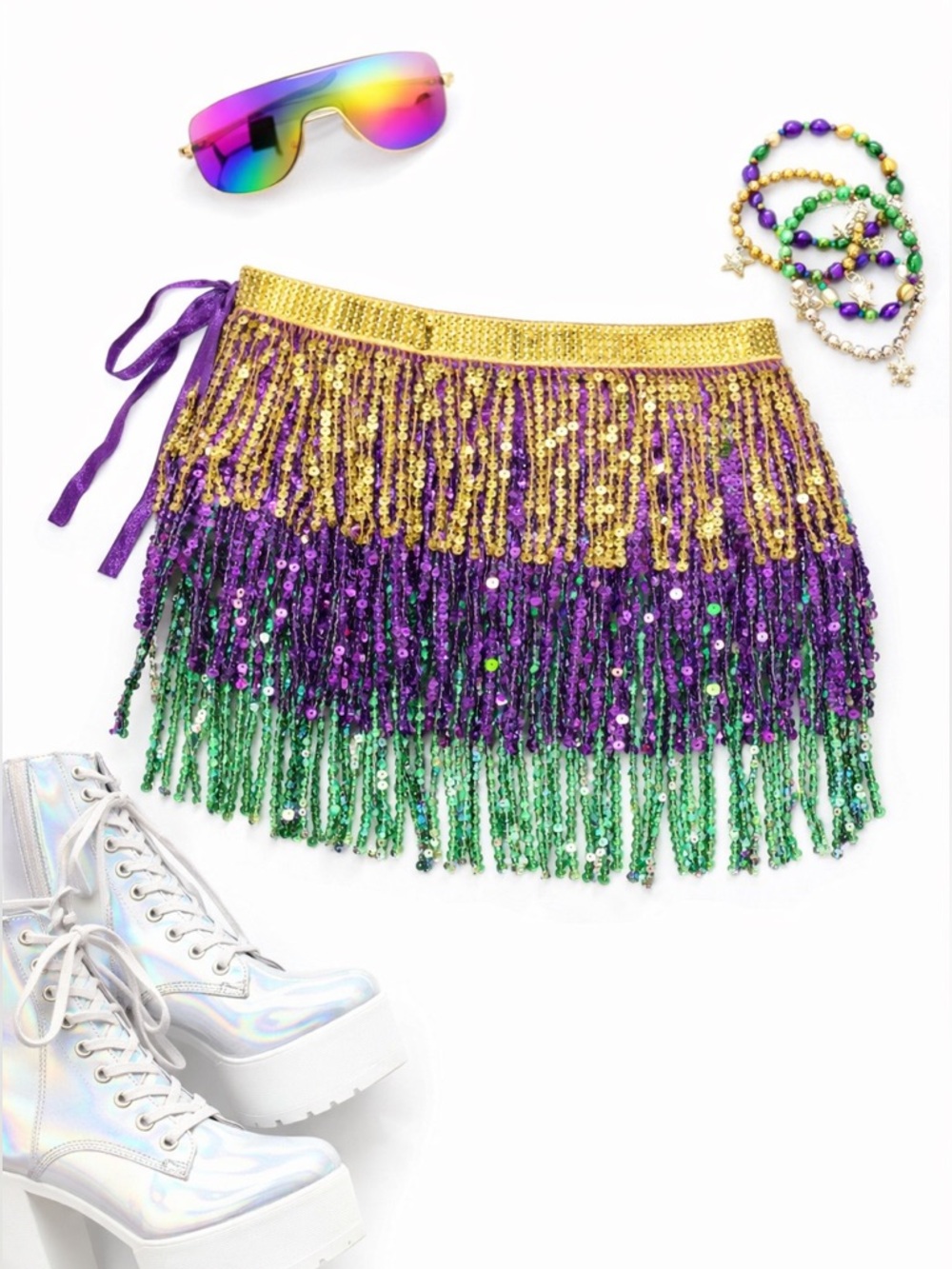 Sequin Fringe Mini Skirt Purple Green Gold Festival Rave Y2K Statement Party OS